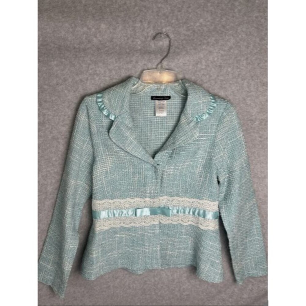 Vintage Teal Blue White Tweed Blazer Ribbon Skirt Set Girls Sz 16 Lace Bow - Picture 5 of 8